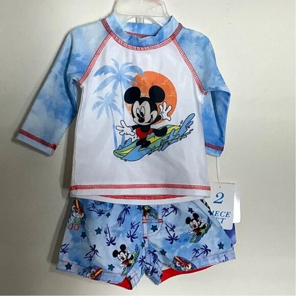 Disney Junior Boy's Size 0-3 Month 2 Piece Mickey Mouse Swim Suit Surfing Theme - Picture 1 of 4